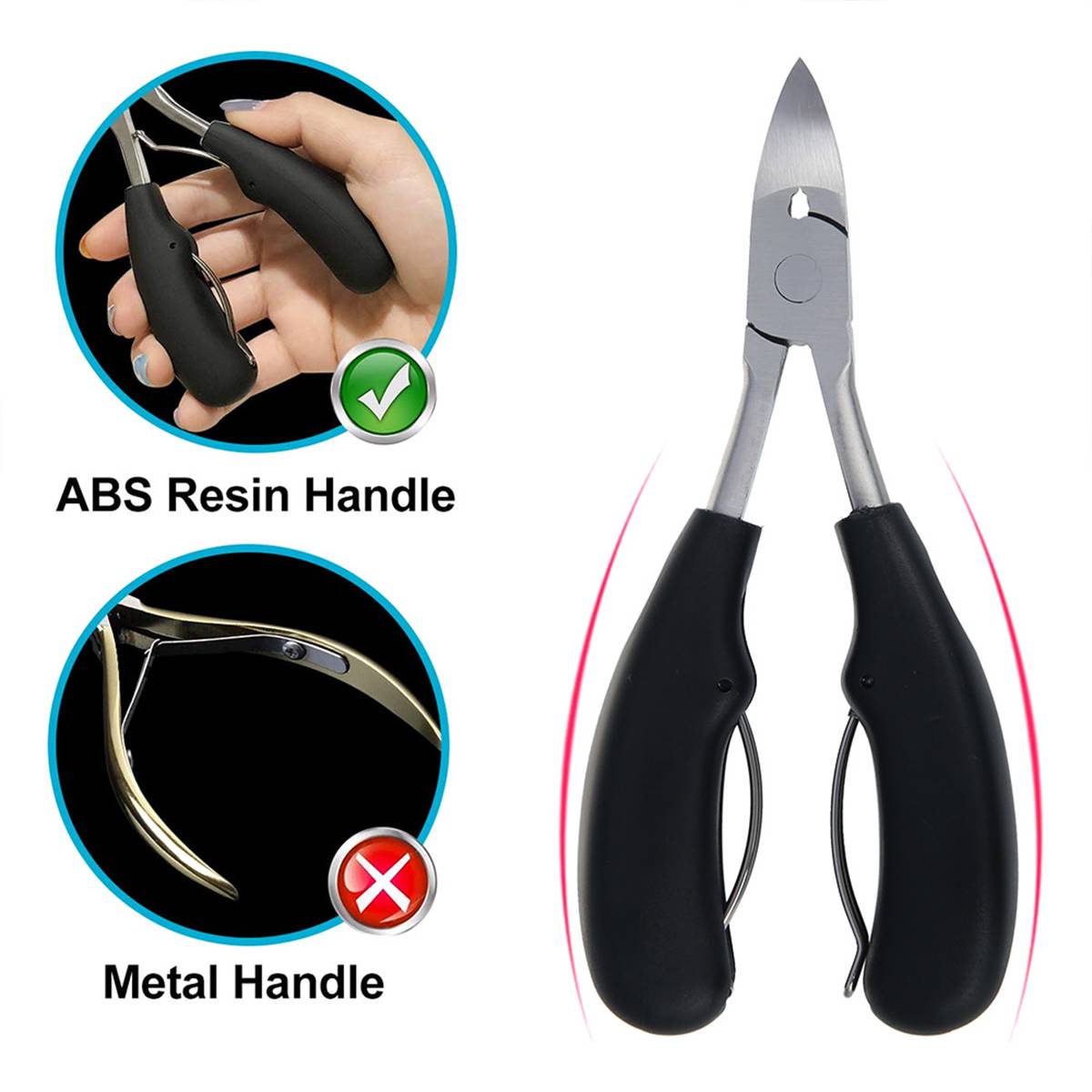 Professional nail clippers with wide-jaw, carbon steel blades, ergonomic grip for seniors' thick nails, in sleek black finish