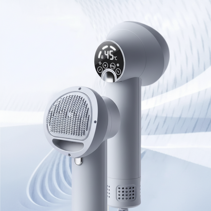 Quiet pet dryer with gentle brush for stress-free dog & cat grooming. Ideal for sensitive pets and quick drying.
