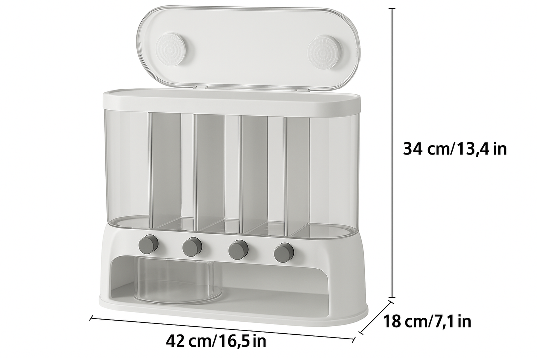 Convenient 5-section dry food dispenser for cereals, rice, and grains. Airtight design for fresh pantry storage.