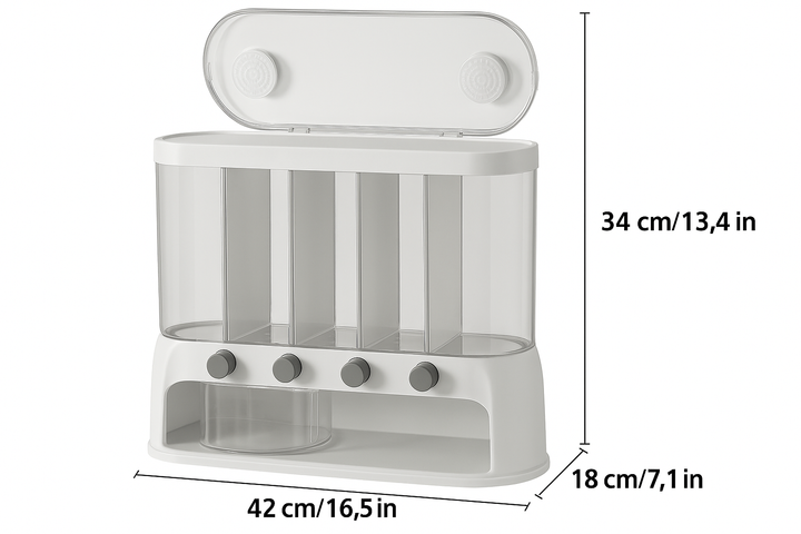 Convenient 5-section dry food dispenser for cereals, rice, and grains. Airtight design for fresh pantry storage.