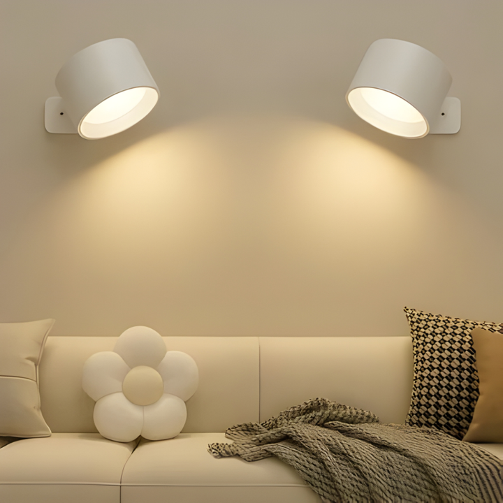 Rechargeable LED wall light with 360° rotation, perfect for reading & ambient lighting.