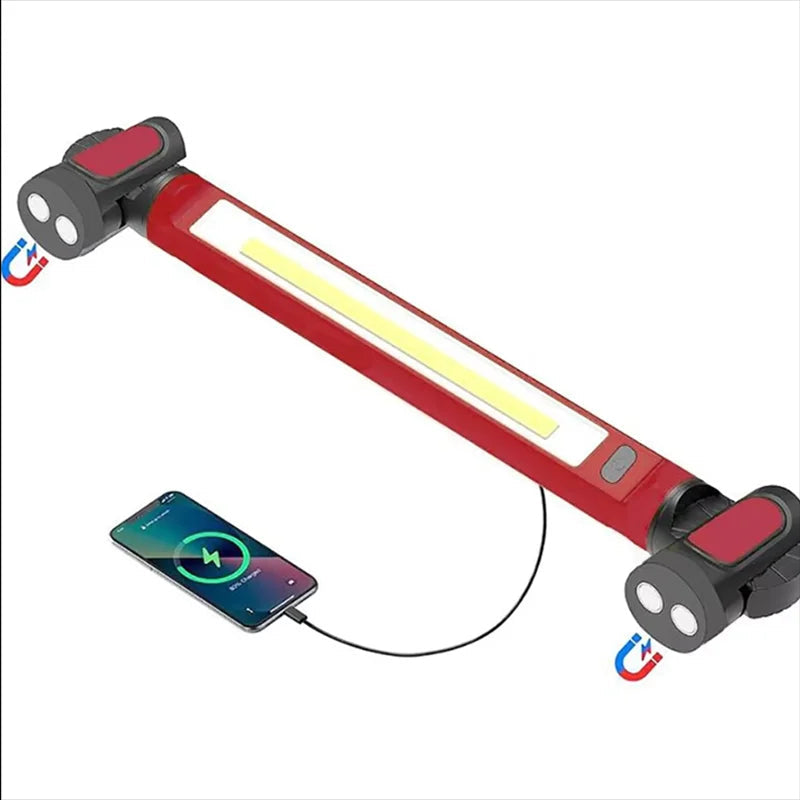 Rechargeable LED work light with magnetic base and adjustable modes, shown with sleek design and portable construction.