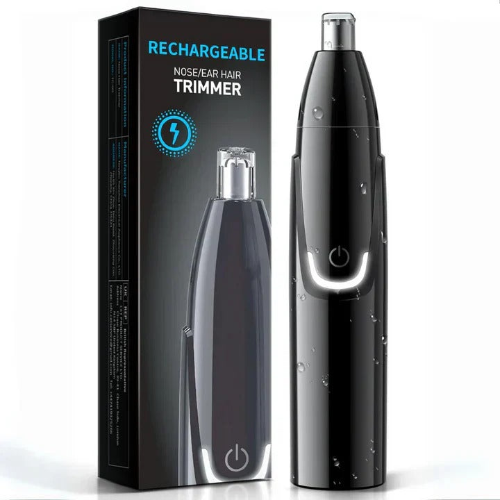 Rechargeable men's and women's nose & ear hair trimmer, sleek design, dual-edge blades, cordless, USB charging, black color.