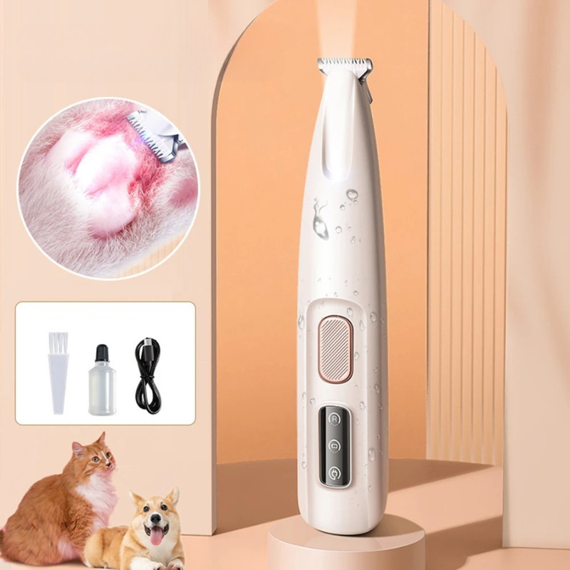 Rechargeable pet hair trimmer for paws and ears with ergonomic design, LED light, and low-noise operation, ideal for grooming