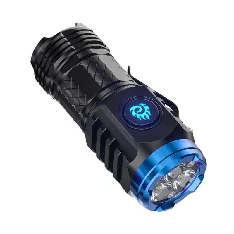Rechargeable, waterproof LED flashlight; compact design, black or silver, with five light modes, fits in pocket or bag.