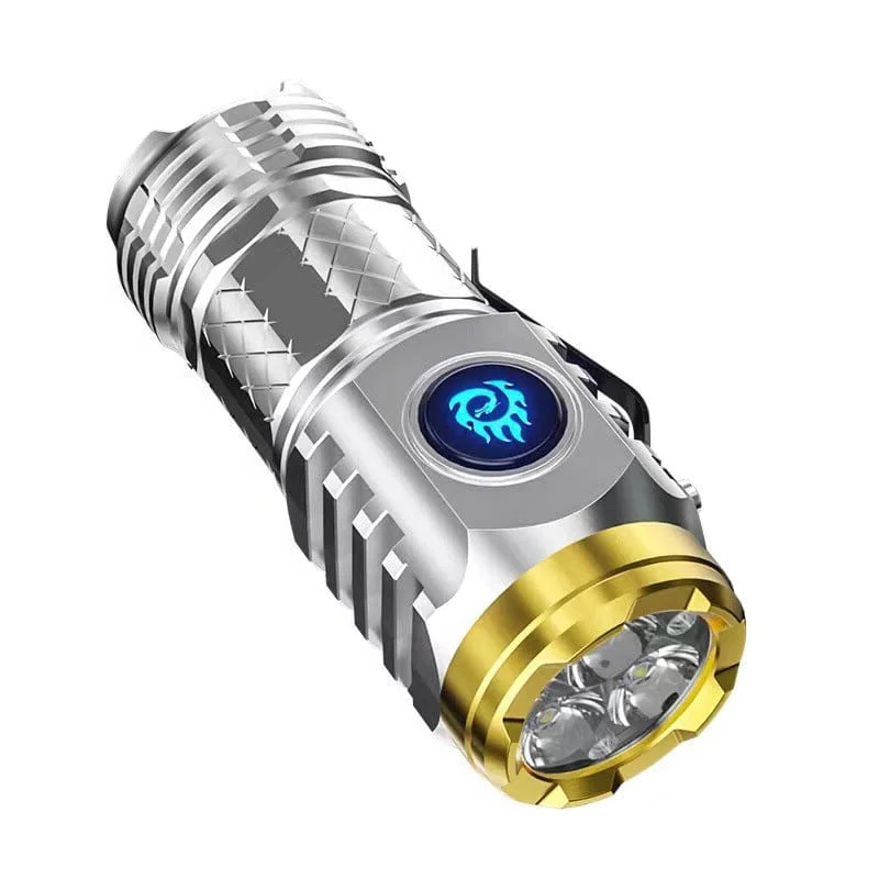 Rechargeable, waterproof LED flashlight; compact design, black or silver, with five light modes, fits in pocket or bag.
