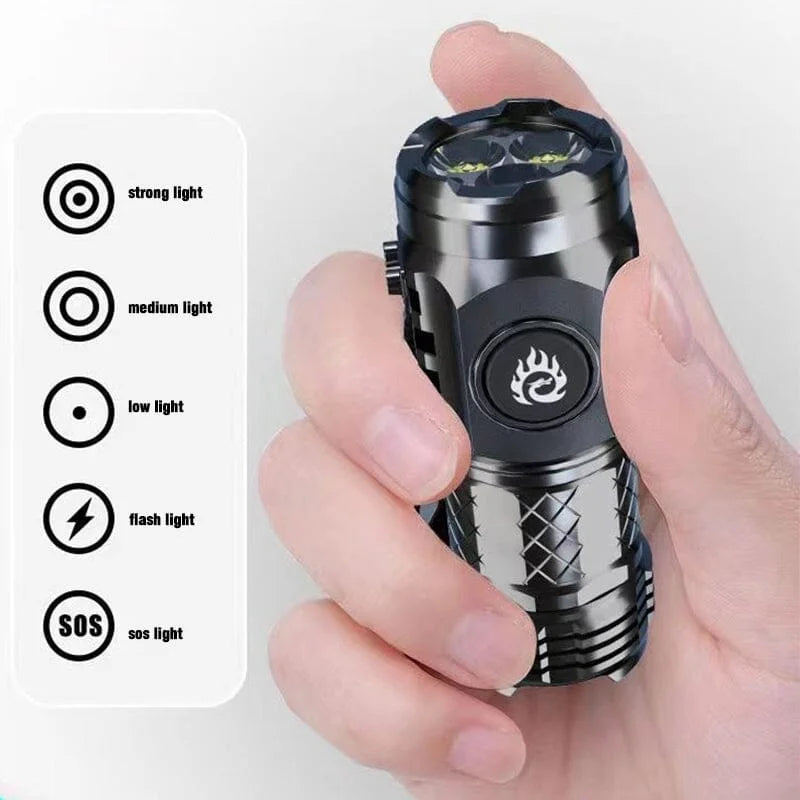 Rechargeable, waterproof LED flashlight; compact design, black or silver, with five light modes, fits in pocket or bag.