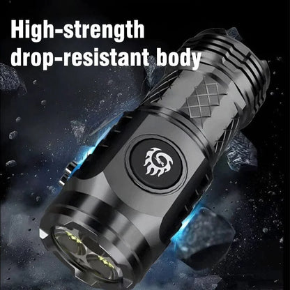 Rechargeable, waterproof LED flashlight; compact design, black or silver, with five light modes, fits in pocket or bag.