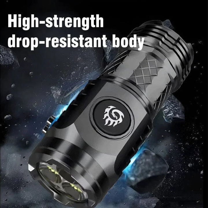 Rechargeable, waterproof LED flashlight; compact design, black or silver, with five light modes, fits in pocket or bag.