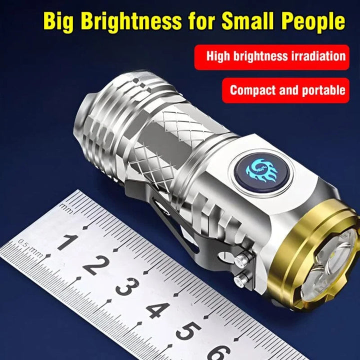 Rechargeable, waterproof LED flashlight; compact design, black or silver, with five light modes, fits in pocket or bag.