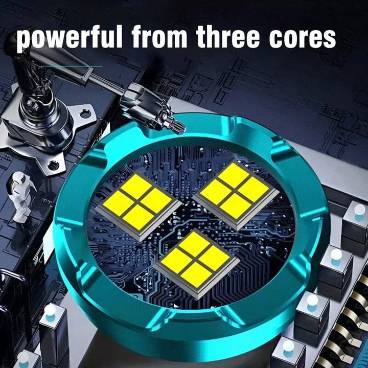 Rechargeable, waterproof LED flashlight; compact design, black or silver, with five light modes, fits in pocket or bag.