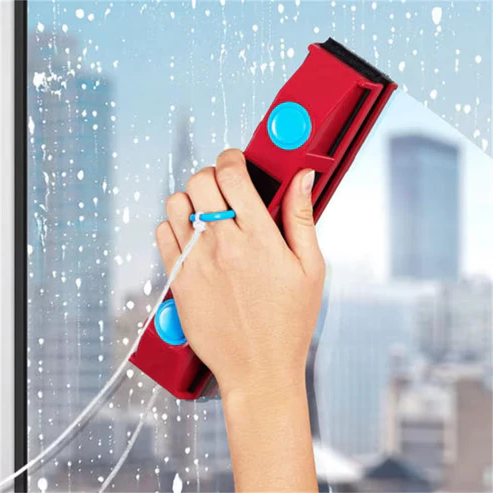 Red double-sided magnetic window cleaner with ergonomic grip and adjustable strength for various window thicknesses.