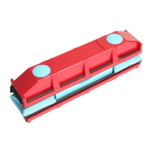Red double-sided magnetic window cleaner with ergonomic grip and adjustable strength for various window thicknesses.