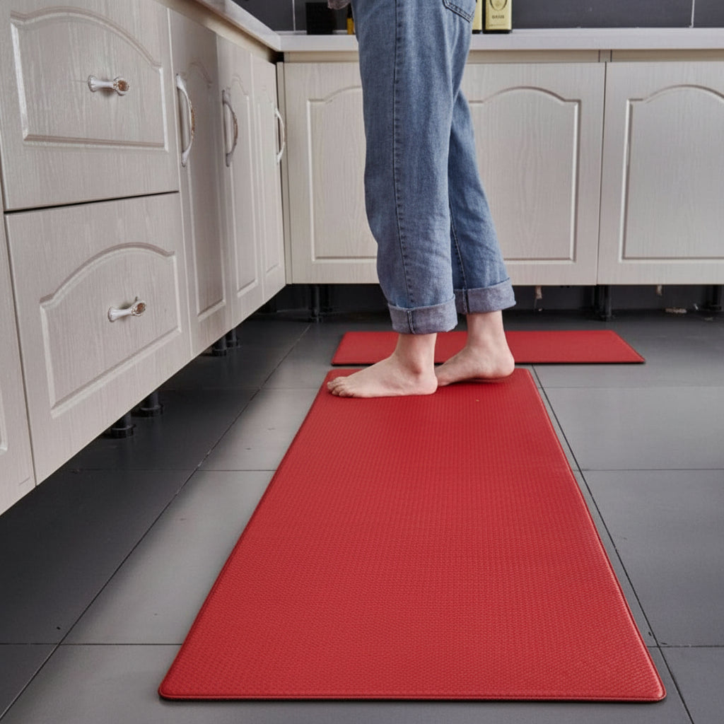Ergonomic anti-fatigue kitchen mat, providing cushioned standing comfort for home kitchens.
