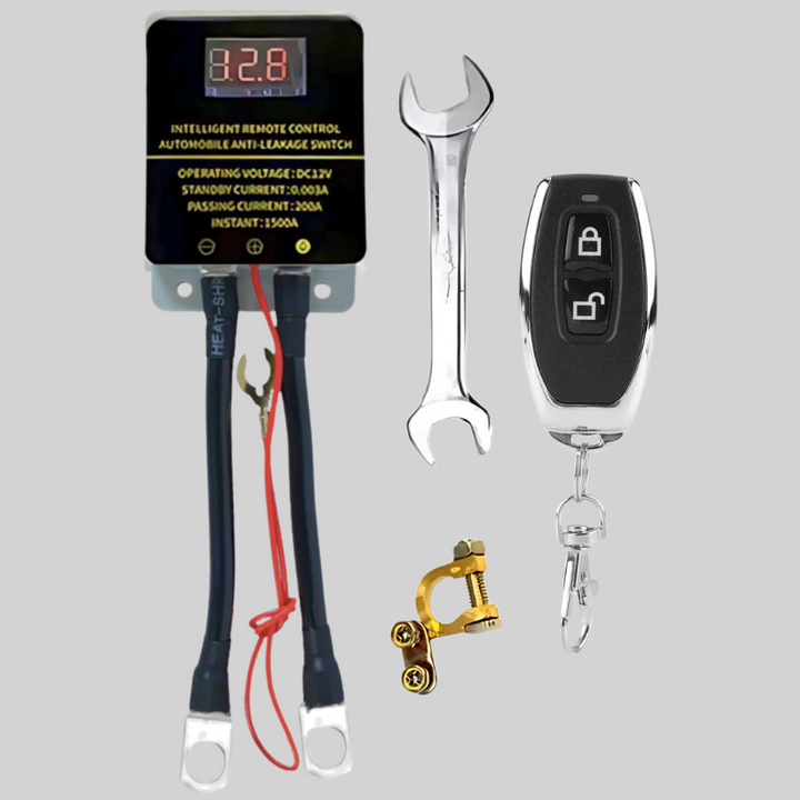 Remote controlled battery cutoff for cars. Anti-theft vehicle security system with wireless switch.