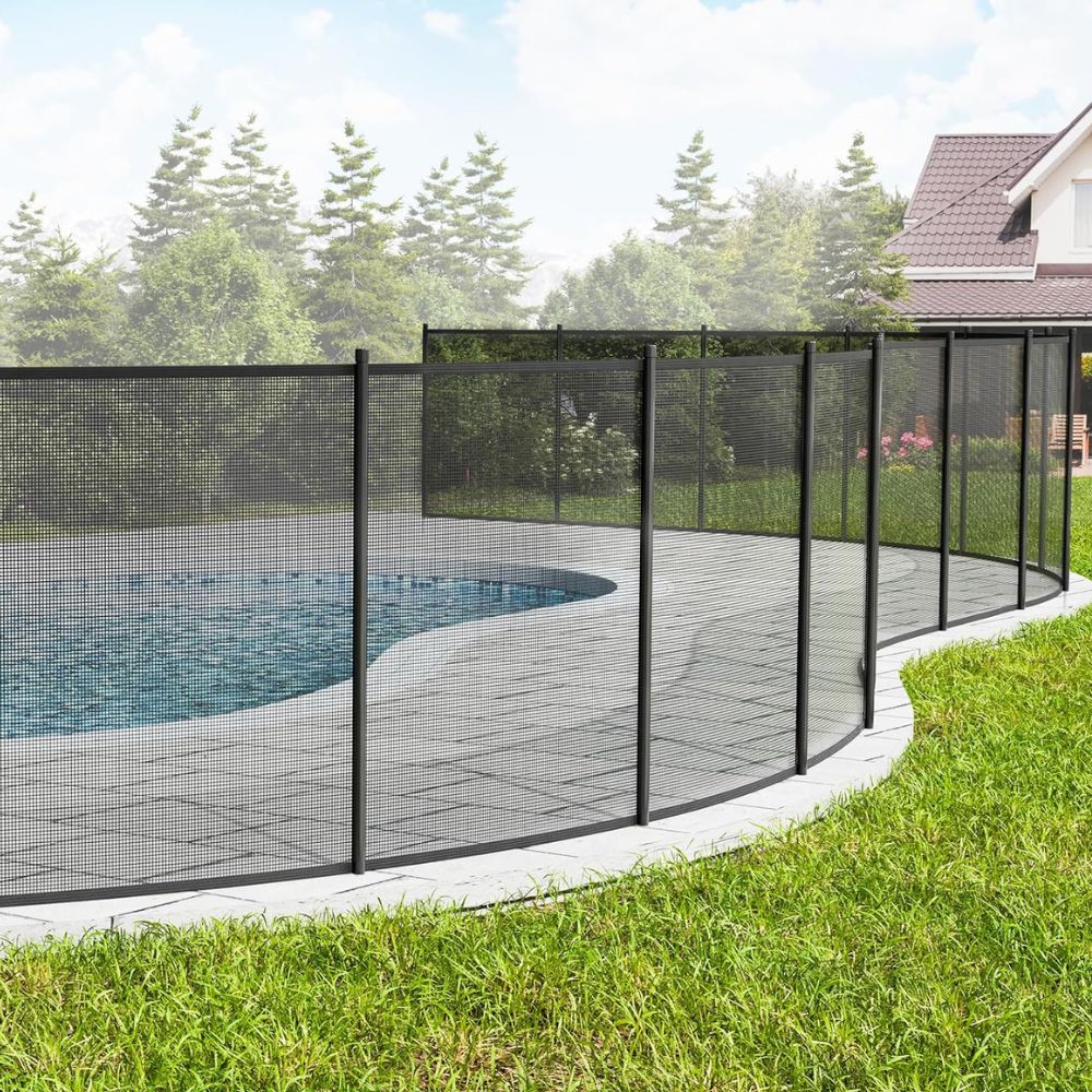 "Removable inground pool safety fence with mesh design providing child and pet protection with sleek, durable panels."