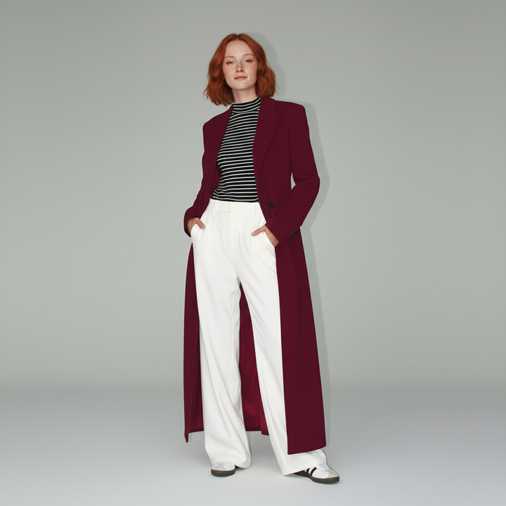Women's ruby long fitted tailored coat, a chic and elegant piece of fashion outerwear.