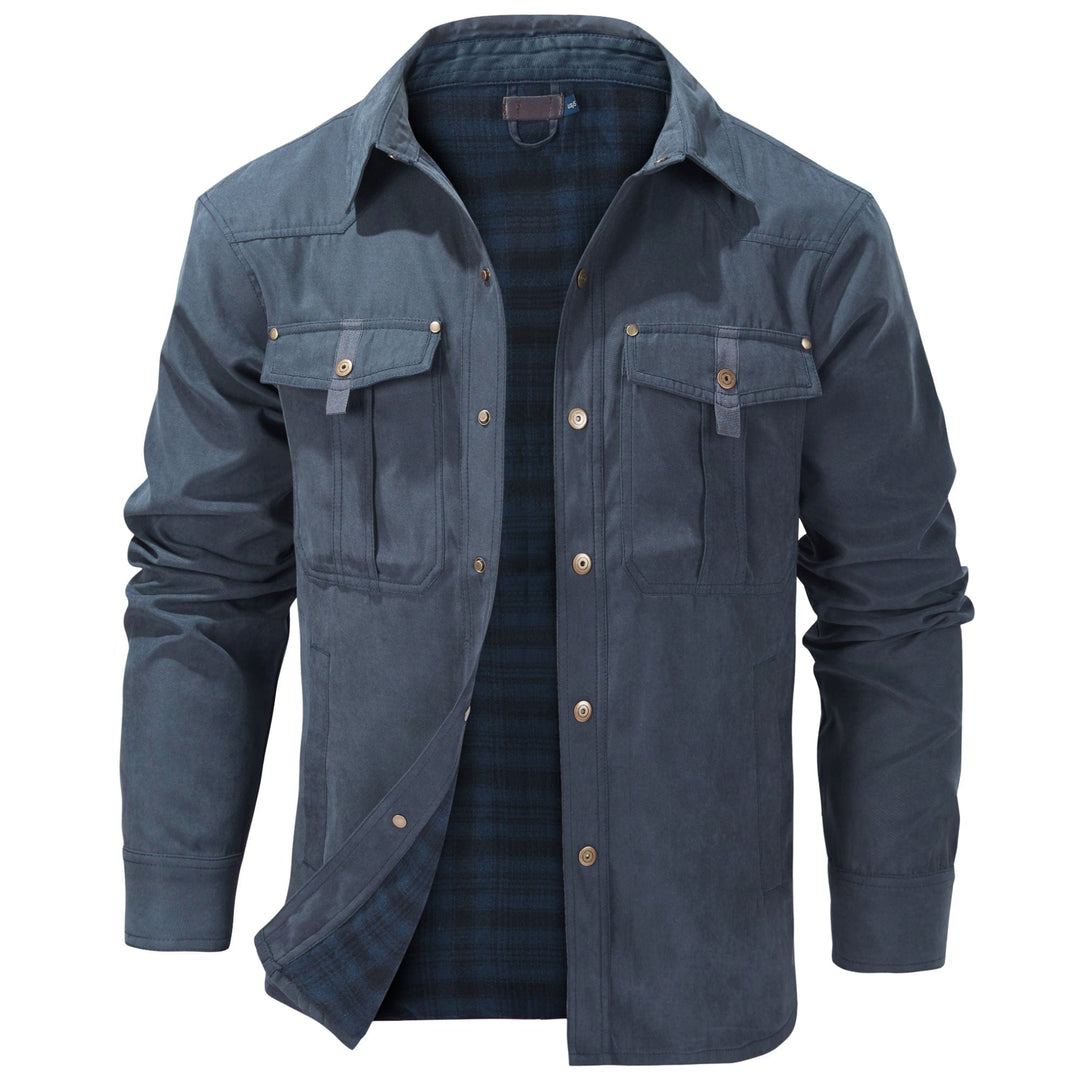 Front view of a rugged men's multi-season outdoor jacket with flannel lining
