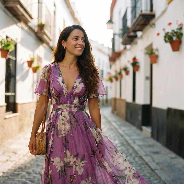 Stylish long sleeve floral maxi dress for women featuring a V-neck, ideal for elegant spring fashion.