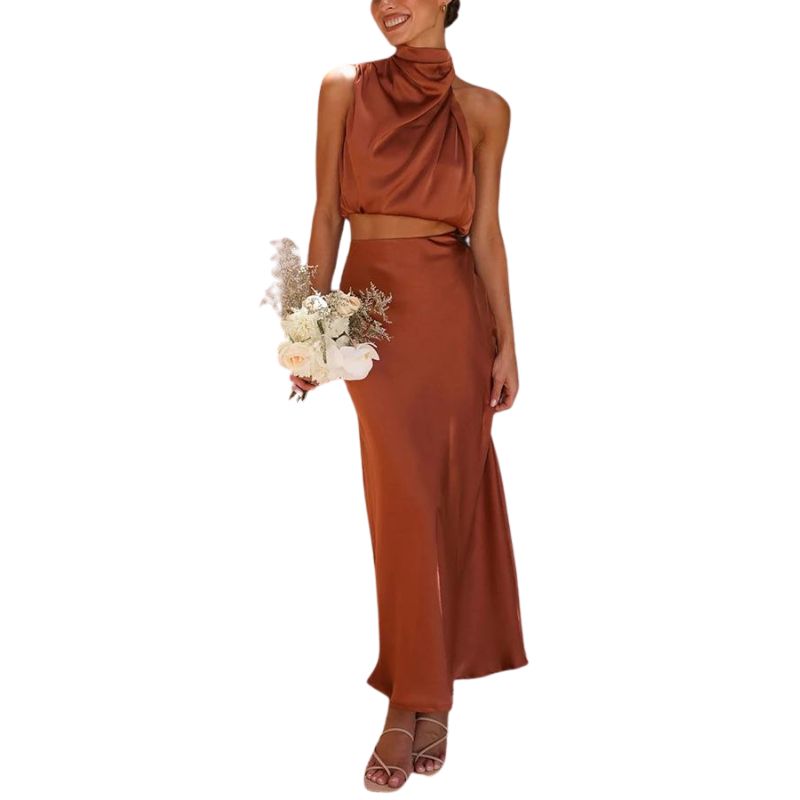 Elegant women's brown & white satin two-piece set with halter neck top & ankle-length skirt, perfect for summer occasions.