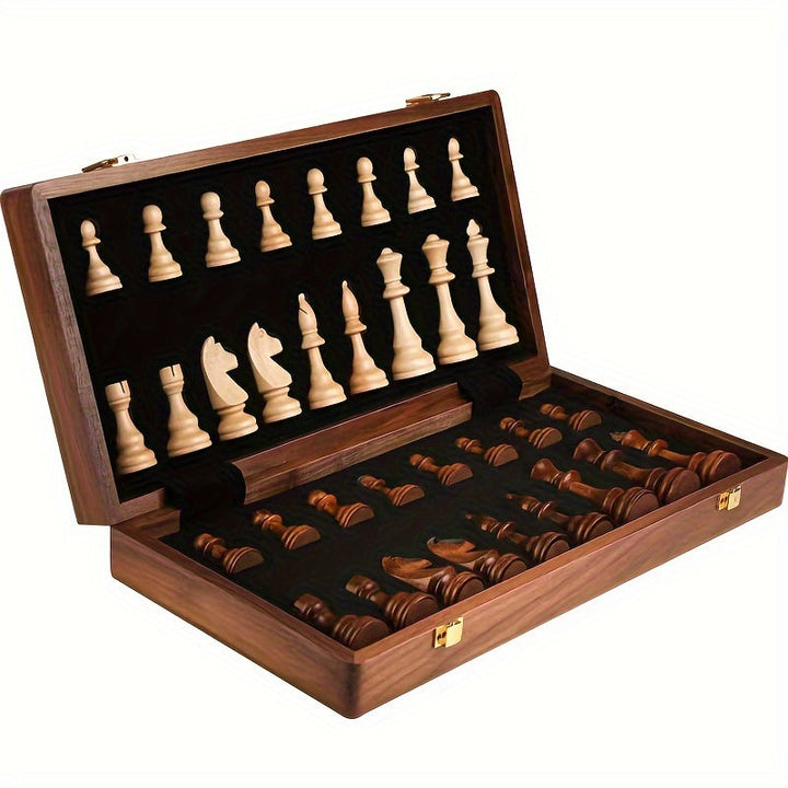 Compact wooden chess set beside a travel bag, emphasizing its portability as a perfect travel game.