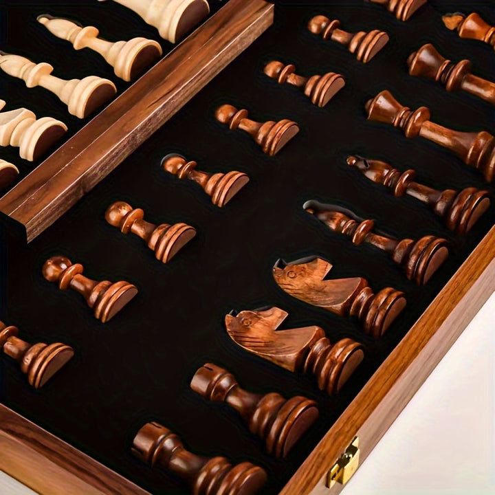 Close-up of elegant, handcrafted wooden chess pieces (king, queen, pawn) displaying fine detail & quality.