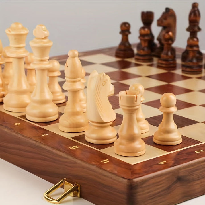 Empty, open foldable wooden chess board, ready for a challenging strategy game or classic board game.