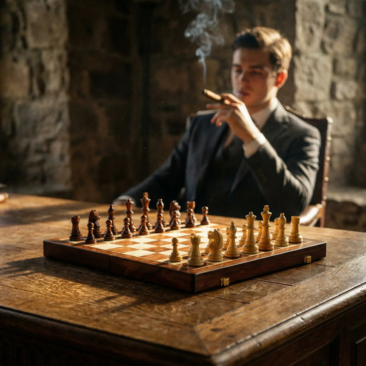 Portable solid wood chess set folded for travel, showcasing its compact design for easy storage.