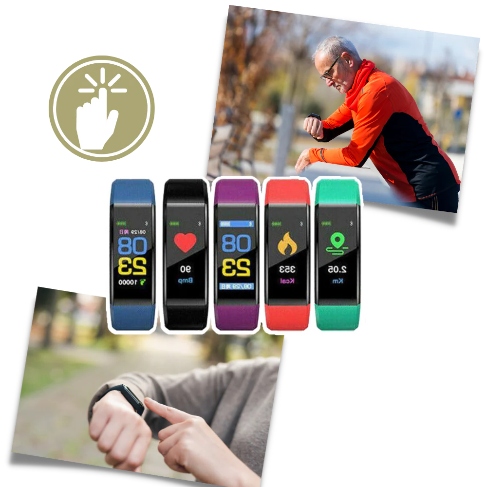 Senior-friendly smartwatch with health features, LED screen, real-time monitoring, waterproof, in Black, Blue, Green, or Purp
