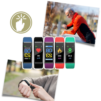 Senior-friendly smartwatch with health features, LED screen, real-time monitoring, waterproof, in Black, Blue, Green, or Purp