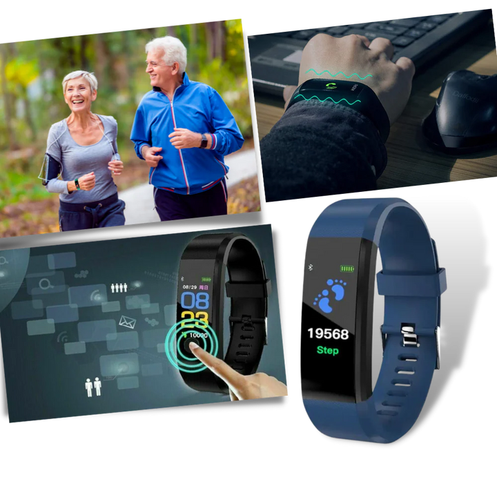 Senior-friendly smartwatch with health features, LED screen, real-time monitoring, waterproof, in Black, Blue, Green, or Purp