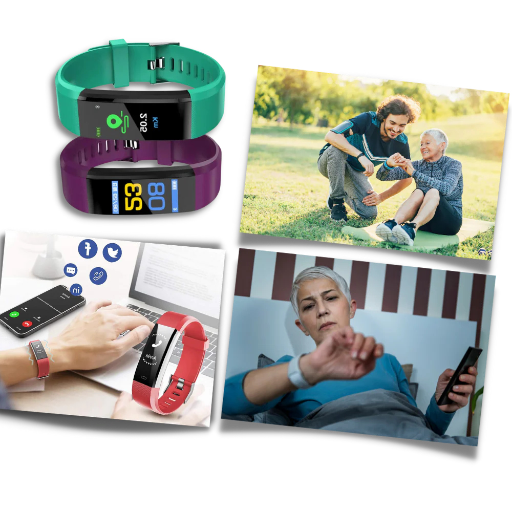 Senior-friendly smartwatch with health features, LED screen, real-time monitoring, waterproof, in Black, Blue, Green, or Purp