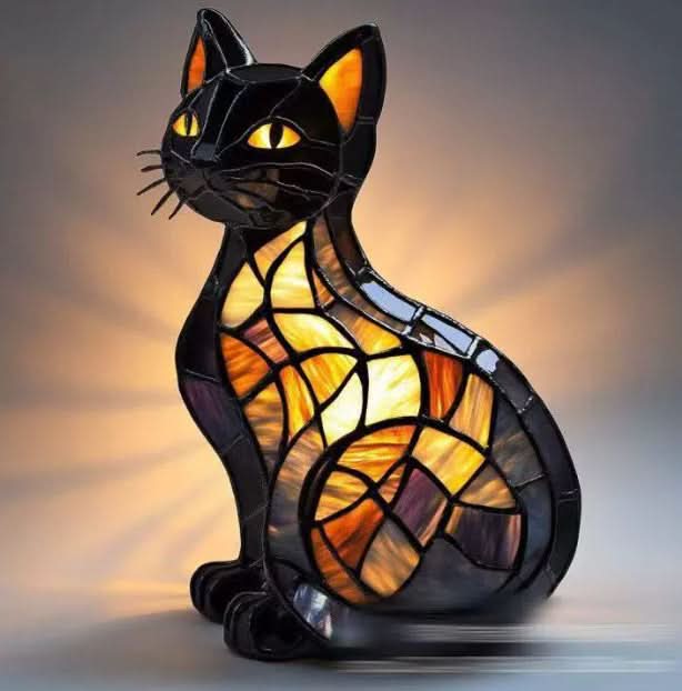 Unisex LED cat night light, shimmering animal statue, great accent light & unique home decor.