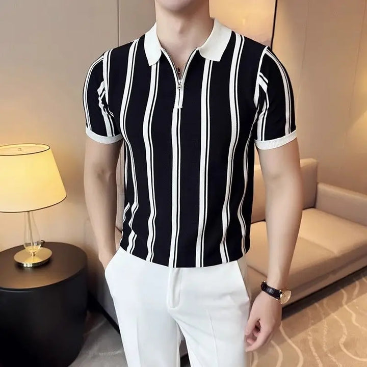 Fashionable men's short-sleeve zipper polo shirt, a key piece for summer fashion and men's apparel.