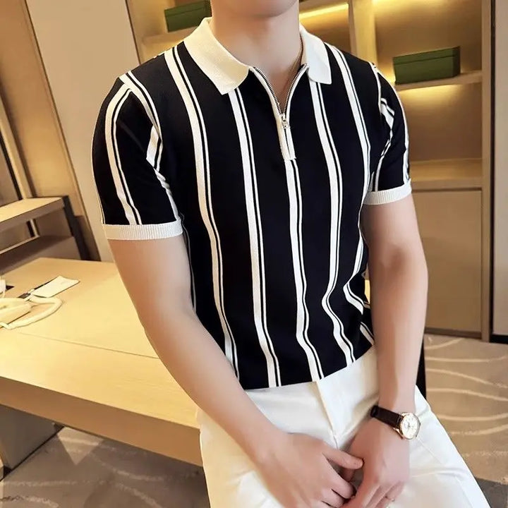 Stylish men's short-sleeve polo with zipper. Perfect for smart casual outfits & everyday summer wear.