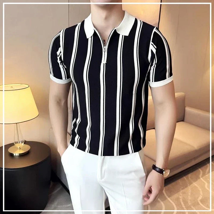 Men's short-sleeve zipper polo shirt, ideal for smart casual wear & summer fashion. Comfortable & modern style.