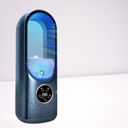 Silent portable air conditioner with sleek, blade-free design, shown in chic white and blue. Ideal for home and office use.