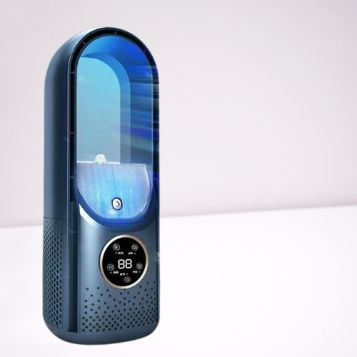 Silent portable air conditioner with sleek, blade-free design, shown in chic white and blue. Ideal for home and office use.