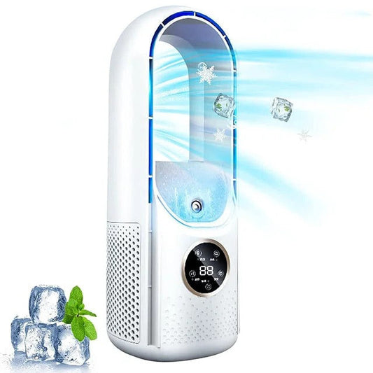Silent portable air conditioner with sleek, blade-free design, shown in chic white and blue. Ideal for home and office use.