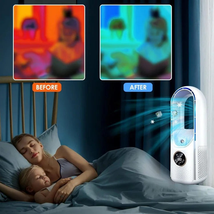 Silent portable air conditioner with sleek, blade-free design, shown in chic white and blue. Ideal for home and office use.