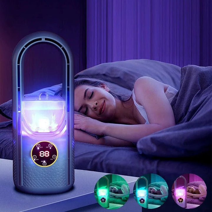 Silent portable air conditioner with sleek, blade-free design, shown in chic white and blue. Ideal for home and office use.