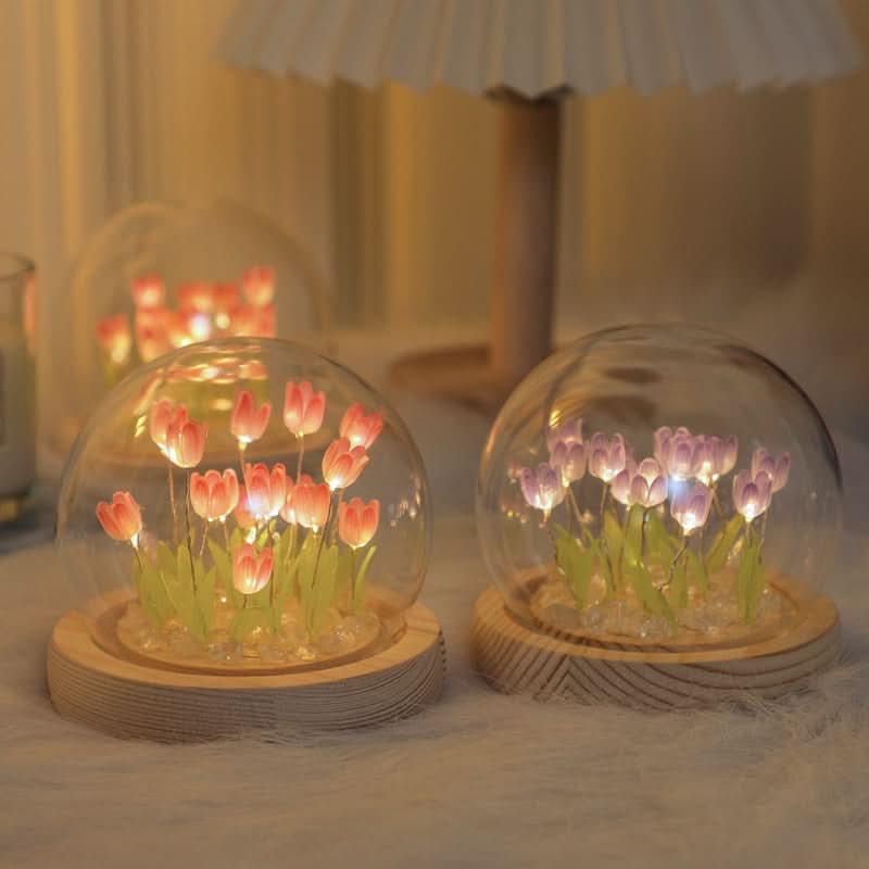 Gentle warm light tulip lamp, ideal as a bedside night light for children's rooms & serene bedrooms.