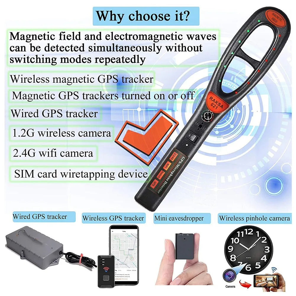 "Sleek GPS tracker detector with free detection tube; compact tech gadget for hidden device protection."