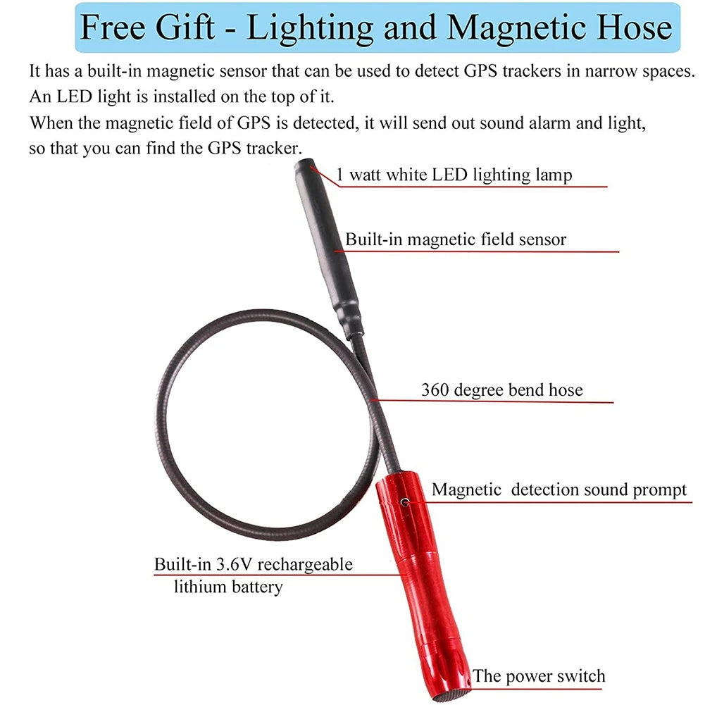 "Sleek GPS tracker detector with free detection tube; compact tech gadget for hidden device protection."