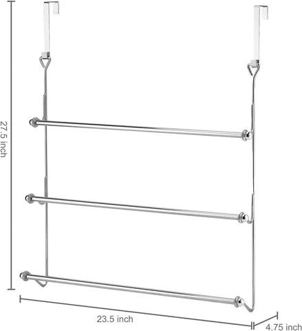 "Sleek metal over door towel bar rack with four rods, maximizing bathroom space for towel storage and organization."