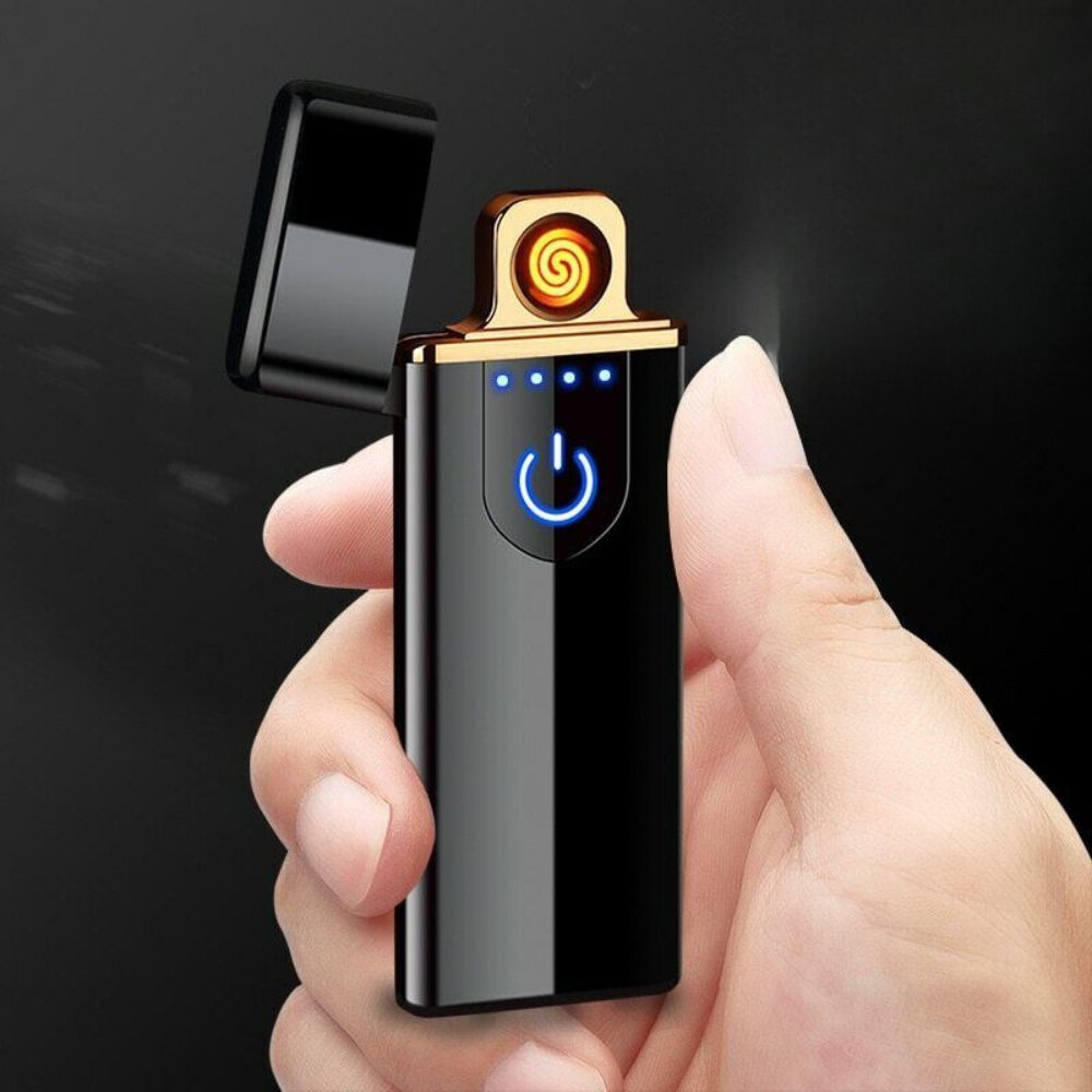 "Sleek USB rechargeable windproof electric pocket lighter, compact design for outdoor use, reliable electric ignition."