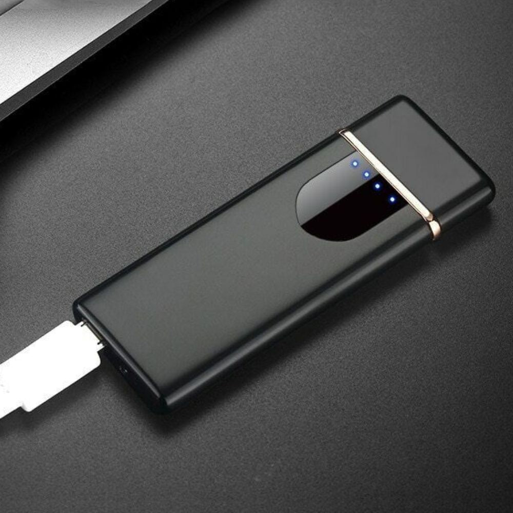 "Sleek USB rechargeable windproof electric pocket lighter, compact design for outdoor use, reliable electric ignition."