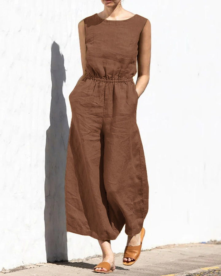 Full length shot of women's sleeveless wide leg jumpsuit, showcasing effortless style for summer fashion.