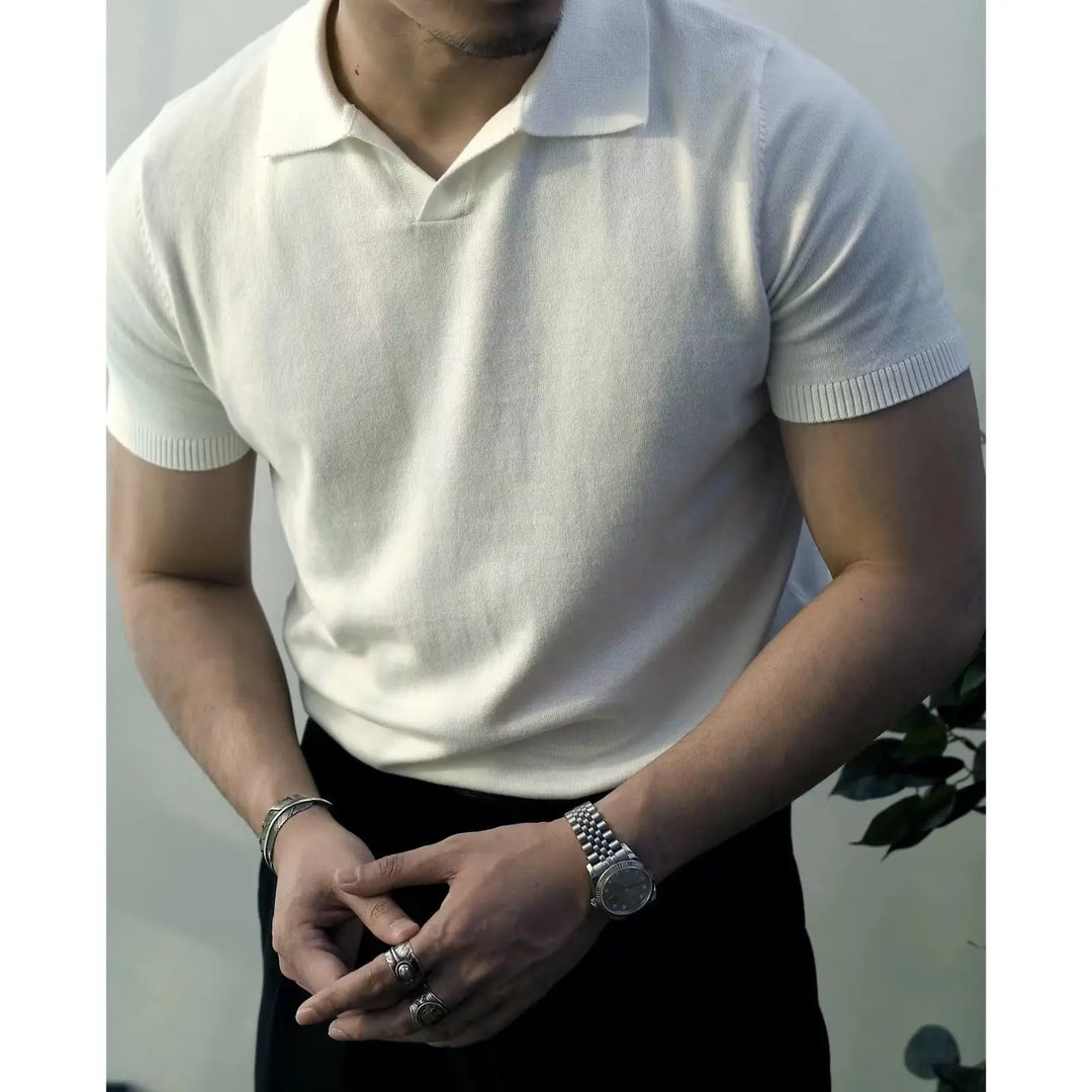 Smart casual men's slim fit zipper polo shirt, short sleeve, for a polished modern look.