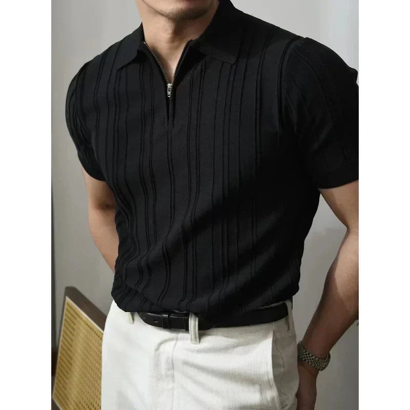 Stylish slim fit men's polo with front zipper, short sleeve, for urban fashion.